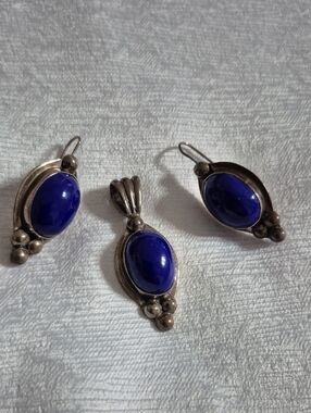 VINTAGE Made In MEXICO 925 Lapis Stone  Pendant and Earrings Set